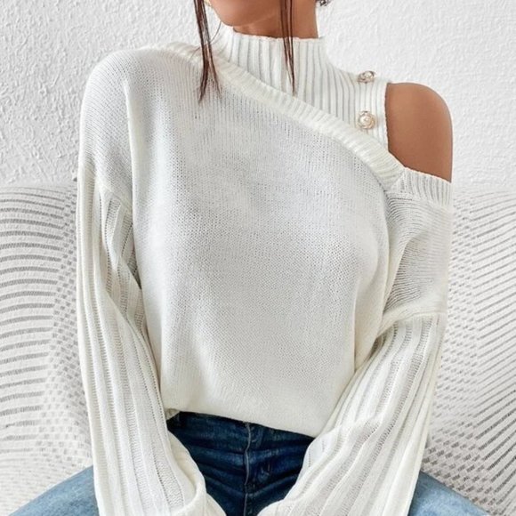 Beige Asymmetrical Neck Drop Shoulder Sweater - Picture 5 of 5